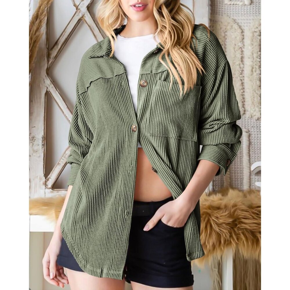 Women's Oversized Button Down Shacket Shirt Long Sleeve Fall Textured - Picture 8 of 8